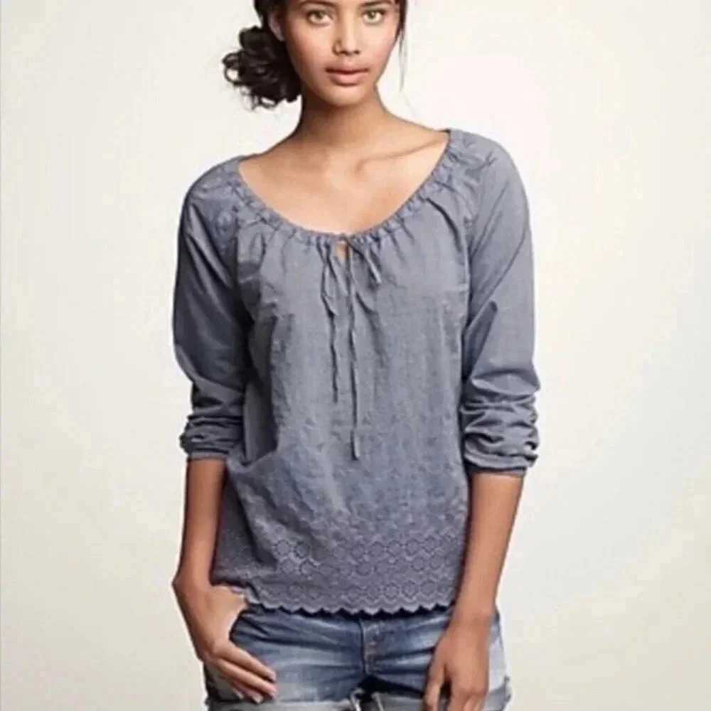 J. Crew | Smoke Blue Eyelet Cotton Bohemian Chambray Blouse Size 2 XS